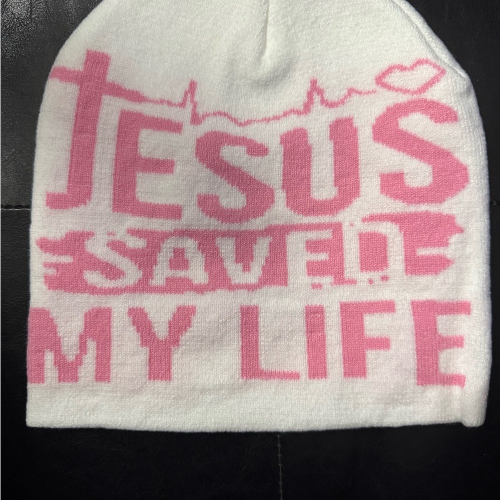 White and Pink Beanie/Skull Cap with Inspirational Text